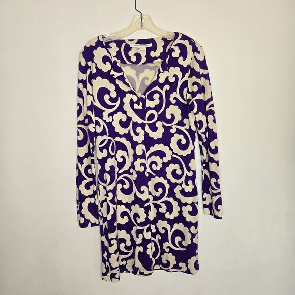 Diane von Furstenberg Reina Long Sleeve Dress Silk Purple Scroll Print Women 8 - Picture 8 of 12
